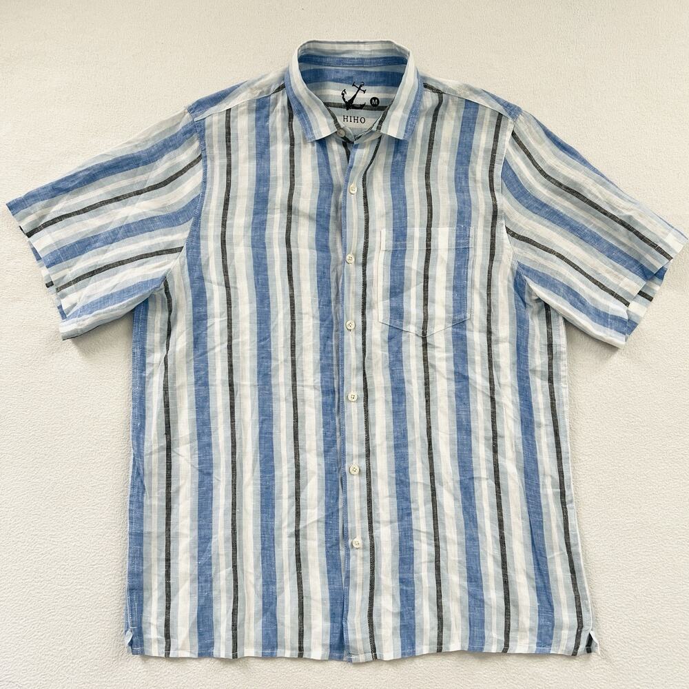 Hiho Men Irie Blue White Stripe Linen Short Sleeve Button Aloha Resort Shirt M